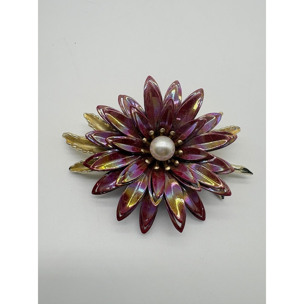Vintage Style Plum Iridescent Enamel Flower Brooch Gold Tone Faux Pearl